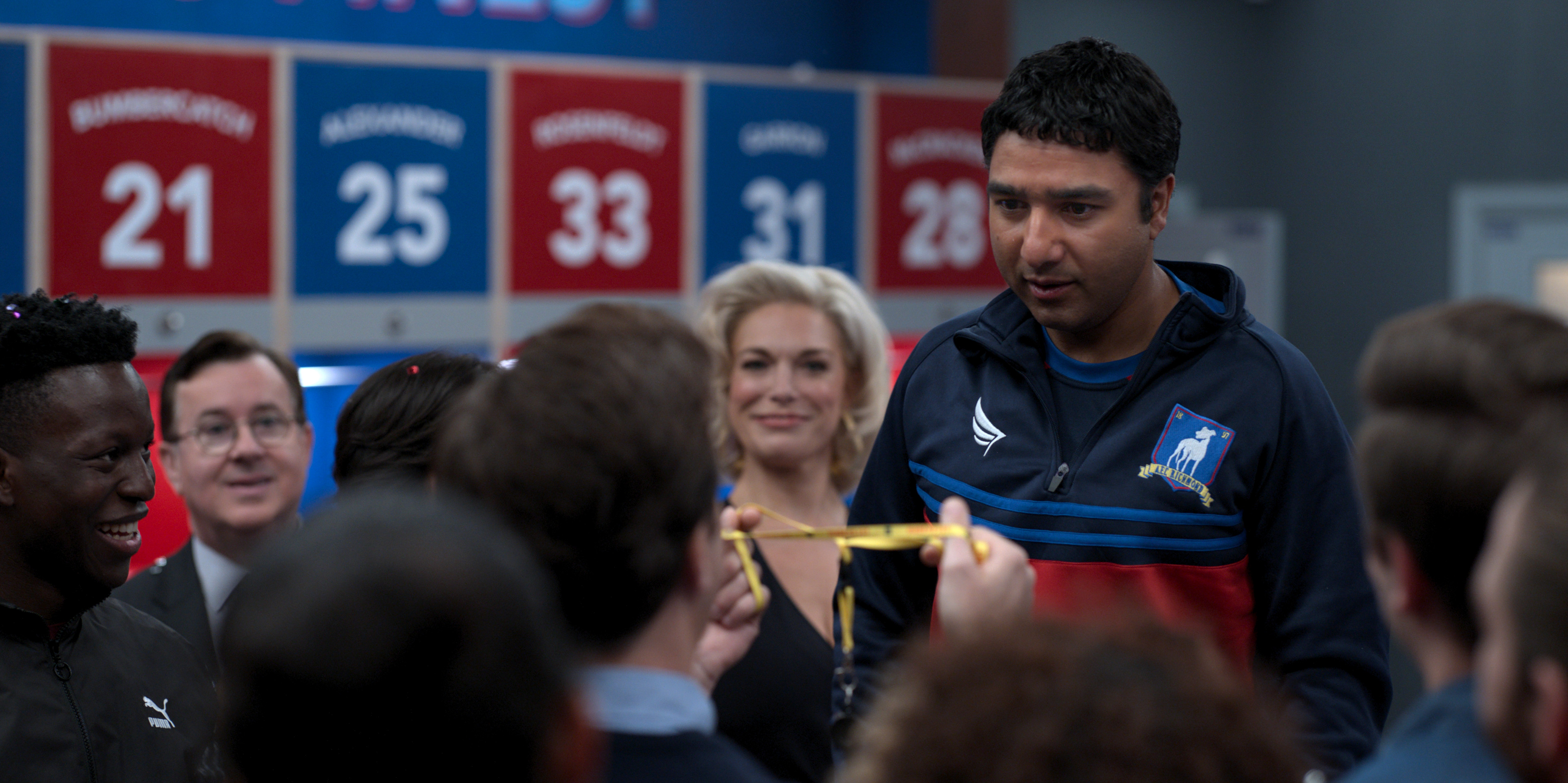 Toheeb Jimoh, Jeremy Swift, Hannah Waddingham and Nick Mohammed in “Ted Lasso,” now streaming on Apple TV+.